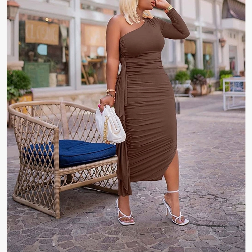 Women's Ruffle One Shoulder Long Sleeve Spliy Ruched Bodycon Party Midi Dress